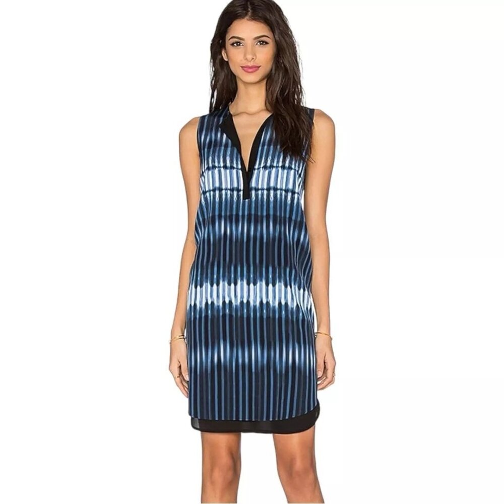 XS EUC Vince Silk Sleeveless Black Denim Blue Tie Dye Lined Summer Shift Dress - Picture 1 of 12